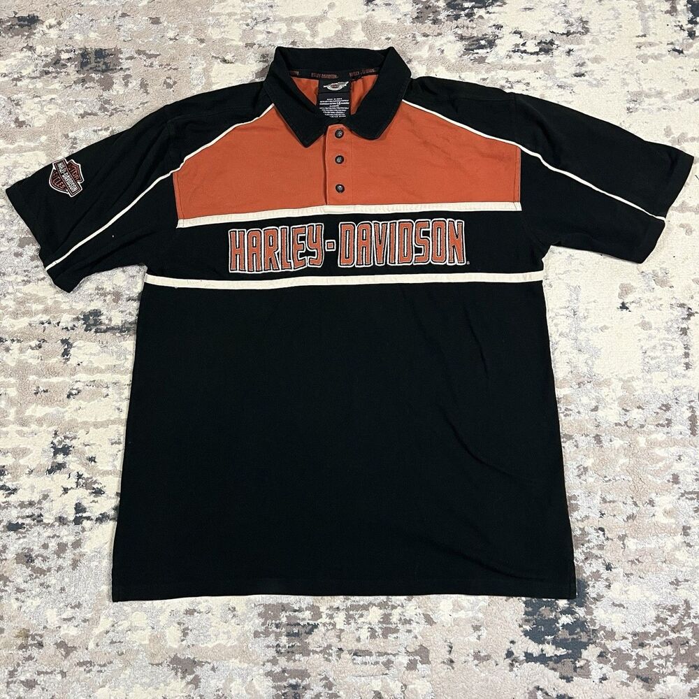 Harley-Davidson Men's Orange Colorblock Polo Shop Shirt L Embroidered Logo Knit